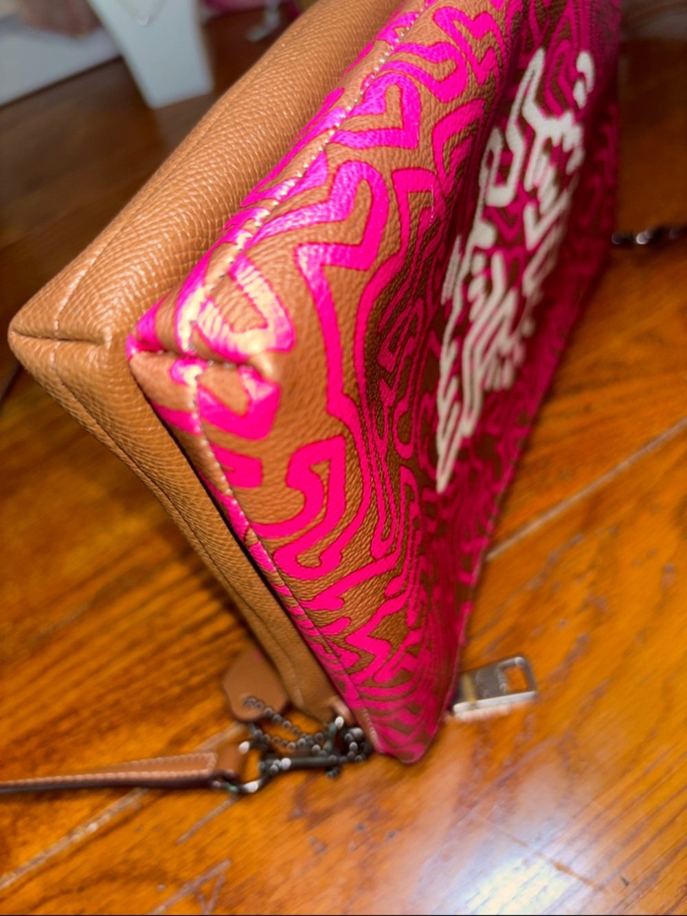 Coach x Keith Haring Zip Pouch Clutch Brown Pink Leather Canvas F11773 - Picture 5 of 11